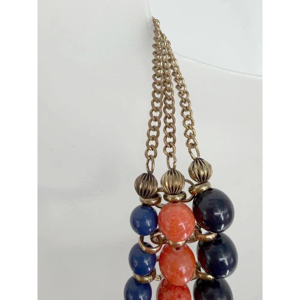 Eva Mendes NY & Co Triple Strand Bib Necklace Blue Coral Bead Gold Tone 103-192